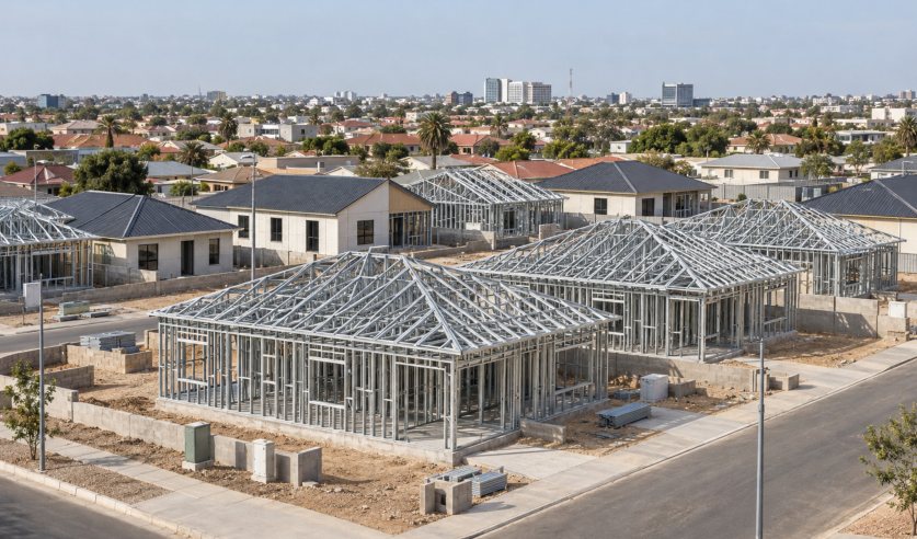 A residential estate of single-storey homes, several still in their galvanised steel frames, with finished houses alongside.
