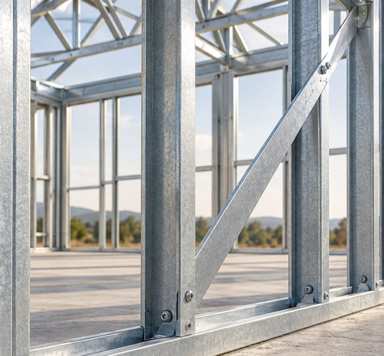 Close-up of galvanised steel studs and a brace in a wall frame.
