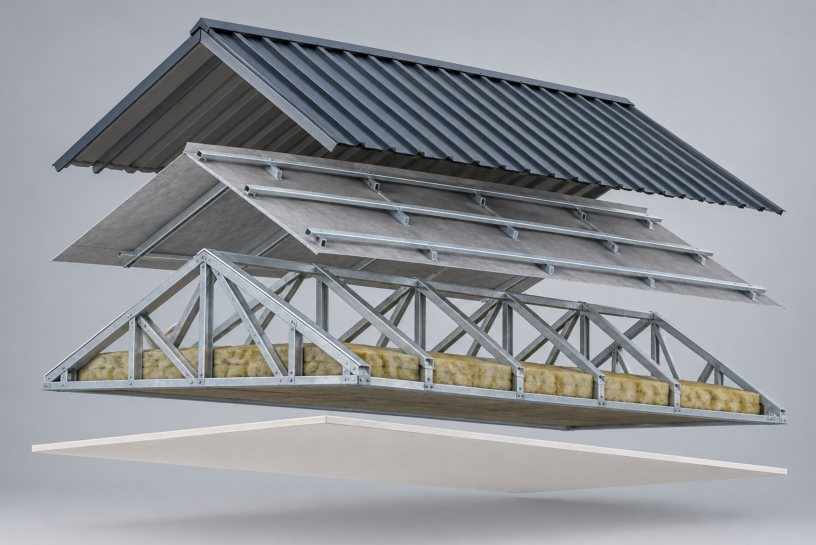 Roof build-up shown as separate layers